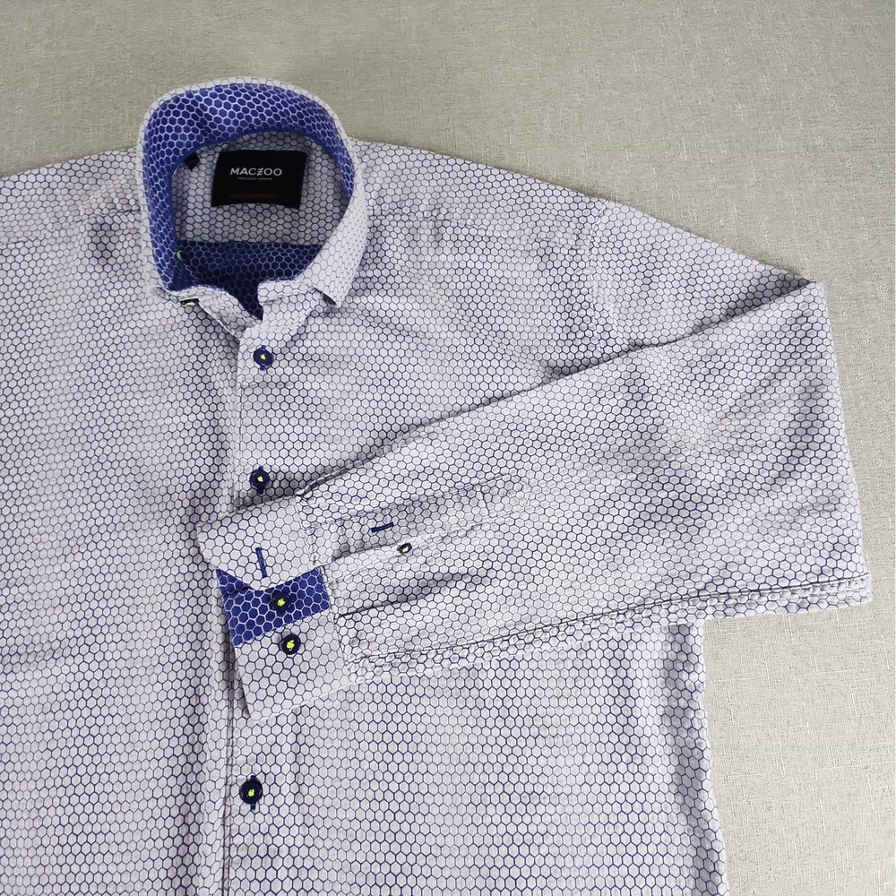 Maceoo Fibonacci Honeycomb Blue Dress Shirt Mens XL Italian Jacquard Cotton L/S